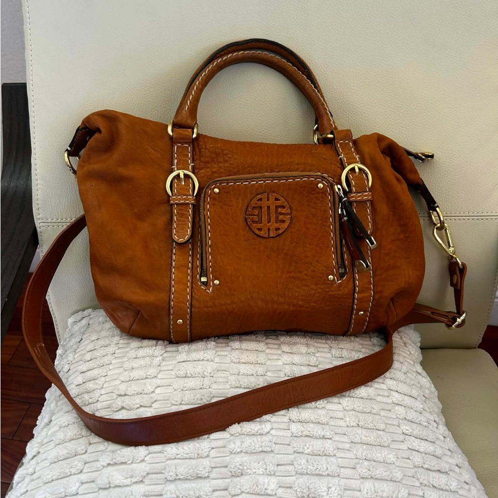 ANTONIO MELANI Cognac Brown Leather Satchel with Crossbody Strap